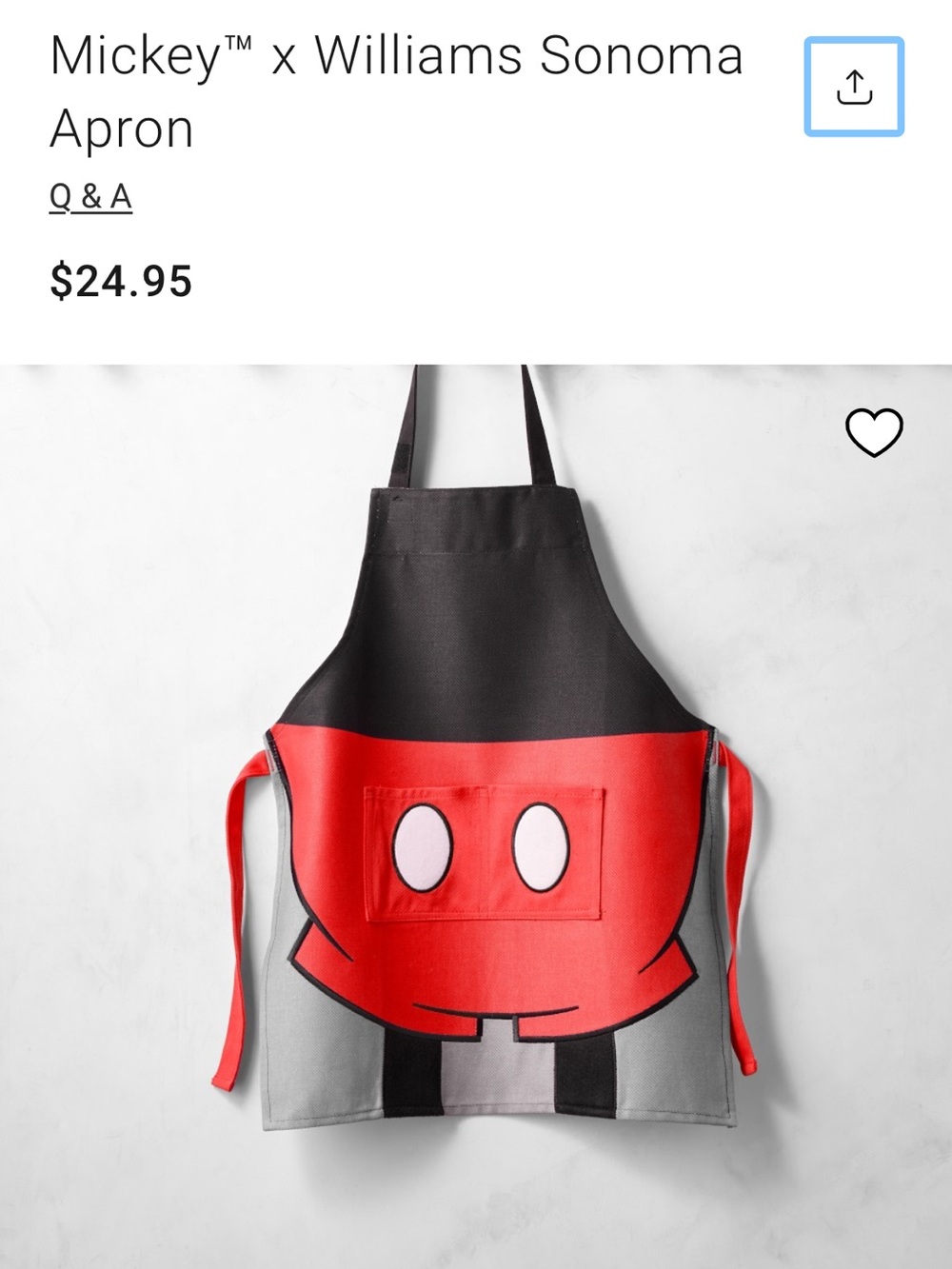 NWT Williams Sonoma Kids Mickey Apron